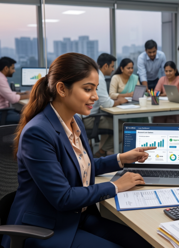 A Suvidhan loan adviser working at a desk in the office