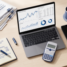A laptop showing loan repayment charts beside a calculator and notepad