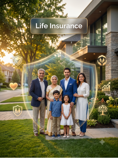 A family standing outside their home, illustrating life insurance cover