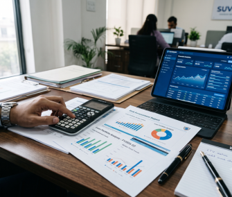 Loan documents, charts and a calculator on a desk