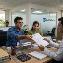 A Suvidhan adviser handing loan documents to a couple