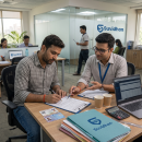 A customer reviewing loan paperwork with an adviser at a desk