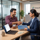 An adviser and a customer shaking hands at the end of a loan application